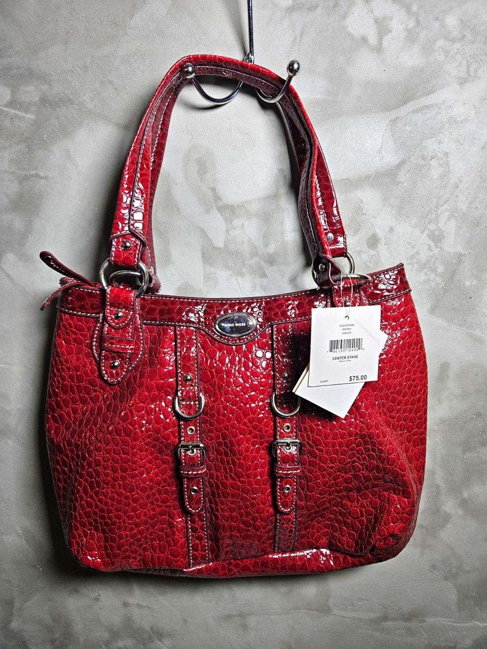 Nine West Red Patent Croc Shoulder Bag Double Handles Zip Closure Pockets NWT